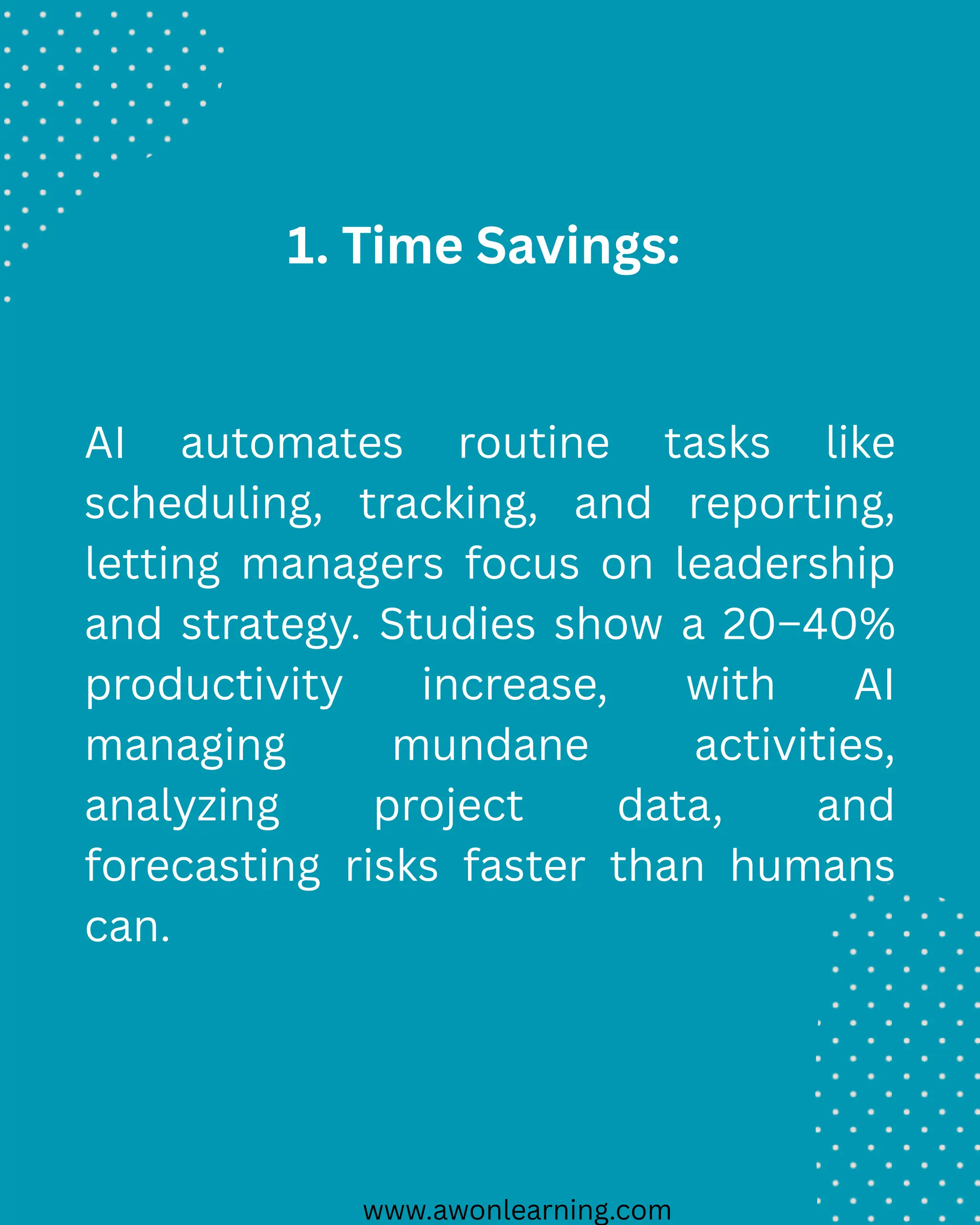 www.awonlearning.com
1. Time Savings:
AI automates routine tasks like
scheduling, tracking, and reporting,
letting managers focus on leadership
and strategy. Studies show a 20–40%
productivity increase, with AI
managing mundane activities,
analyzing project data, and
forecasting risks faster than humans
can.
 
