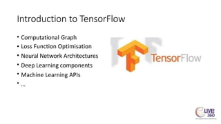Introduction to TensorFlow
• Computational Graph
Loss Function Optimisation
Neural Network Architectures
Deep Learning components
Machine Learning APIs
…
•
•
•
•
•
 