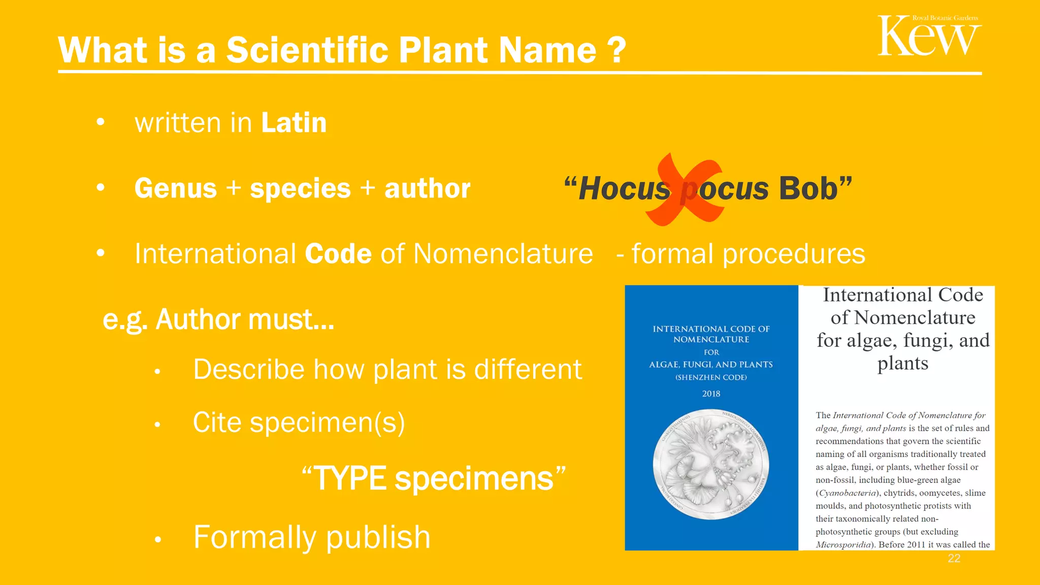What is a Scientific Plant Name ?
22
• written in Latin
• Genus + species + author
• International Code of Nomenclature - formal procedures
e.g. Author must…
• Describe how plant is different
• Cite specimen(s)
“TYPE specimens”
• Formally publish
“Hocus pocus Bob”
 