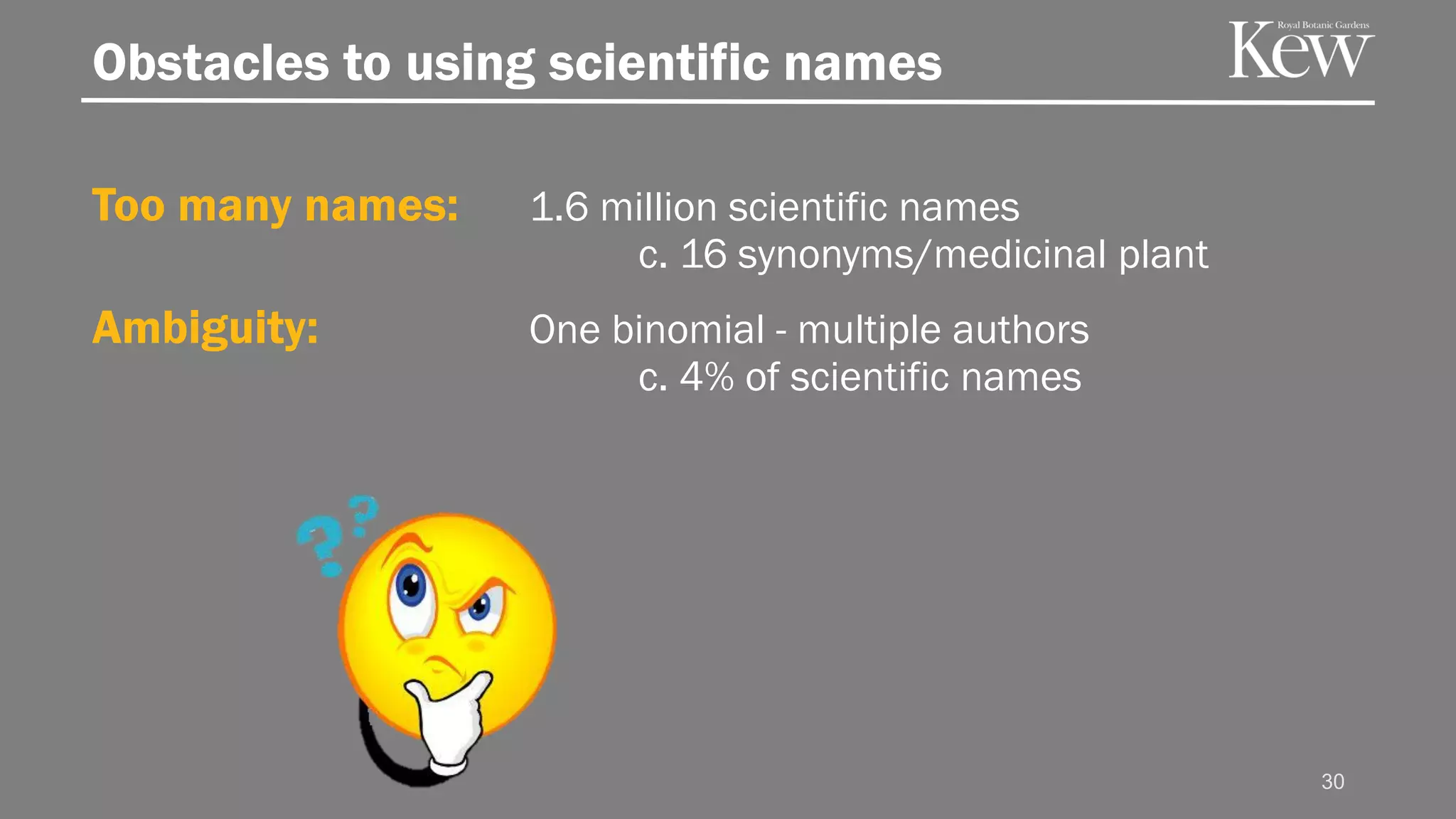 Too many names: 1.6 million scientific names
c. 16 synonyms/medicinal plant
Ambiguity: One binomial - multiple authors
c. 4% of scientific names
30
Obstacles to using scientific names
 
