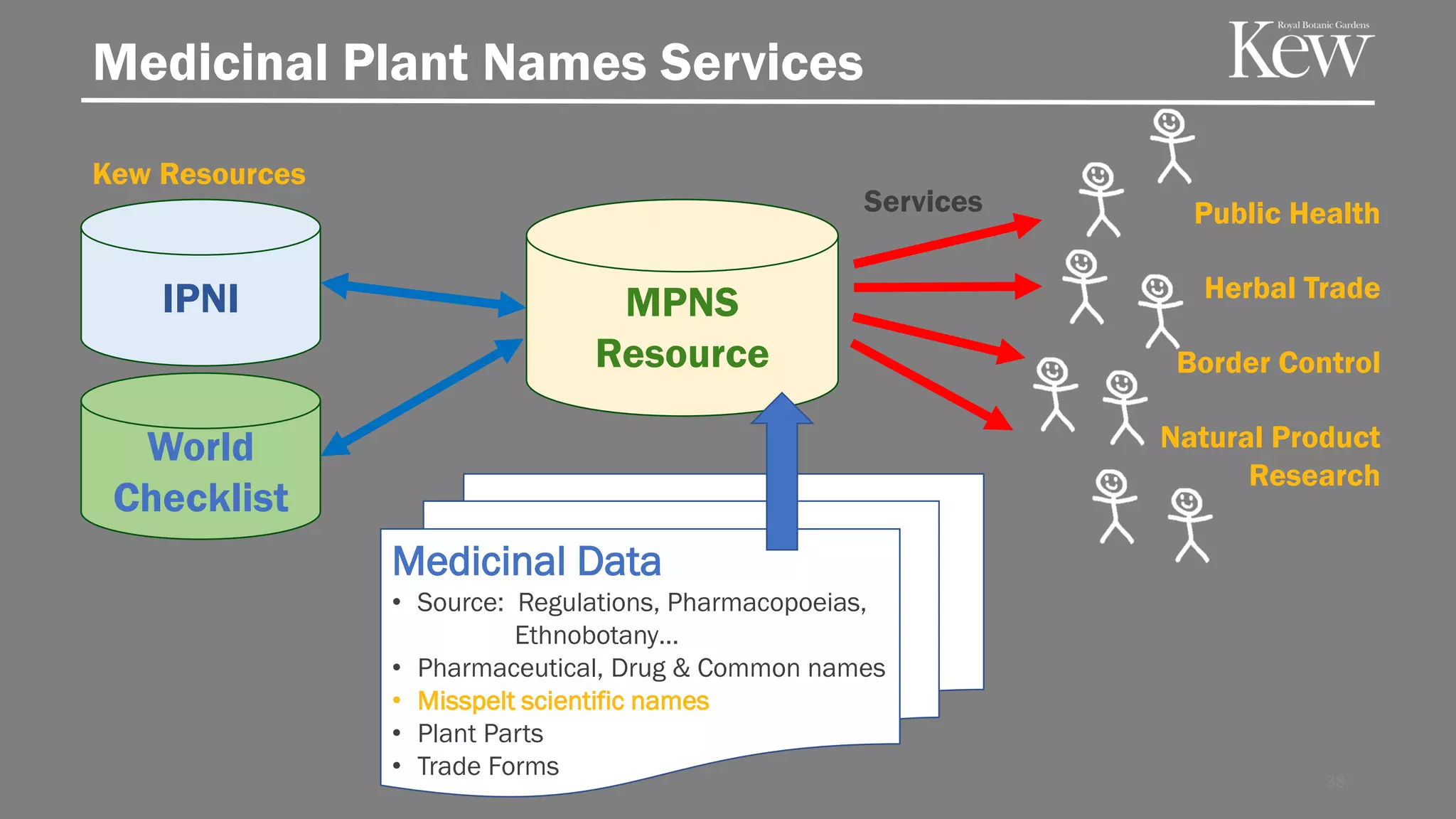 Public Health
Herbal Trade
Border Control
Natural Product
Research
Medicinal Plant Names Services
Kew Resources
Authoritative
Enriched
38
MPNS
Resource
Medicinal Data
• Source: Regulations, Pharmacopoeias,
Ethnobotany…
• Pharmaceutical, Drug & Common names
• Misspelt scientific names
• Plant Parts
• Trade Forms
World
Checklist
IPNI
Services
 
