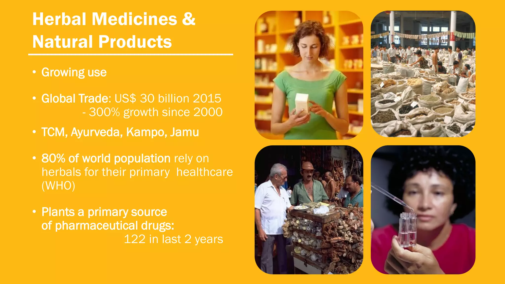 Herbal Medicines &
Natural Products
• Growing use
• Global Trade: US$ 30 billion 2015
- 300% growth since 2000
• TCM, Ayurveda, Kampo, Jamu
• 80% of world population rely on
herbals for their primary healthcare
(WHO)
• Plants a primary source
of pharmaceutical drugs:
122 in last 2 years
 