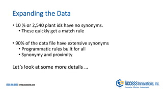 Expanding the Data
• 10 % or 2,540 plant ids have no synonyms.
• These quickly get a match rule
• 90% of the data file have extensive synonyms
• Programmatic rules built for all
• Synonymy and proximity
Let’s look at some more details …
 
