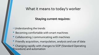 What it means to today’s worker
Staying current requires:
• Understanding the trends
• Becoming comfortable with smart machines
• Collaborating / communicating with machines
• Friendly acquisition, manipulation, analysis and use of data
• Changing rapidly with changes to SOP (Standard Operating
Procedure) and automation
 