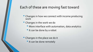 Each of these are moving fast toward
• Changes in how we connect with income producing
work
• Changes in the work we do
• More interface with automation, data analytics
• It can be done by a robot
• Changes in the place we do it
• It can be done remotely
 