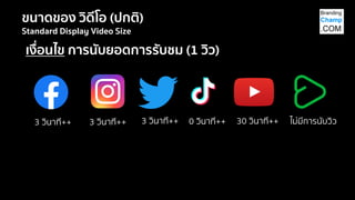 ขนาดของ วิดีโอ (ปกติ)
Standard Display Video Size
เงื่อนไข การนับยอดการรับชม (1 วิว)
3 วินาที++ 3 วินาที++ 3 วินาที++ 30 วินาที++ ไม่มีการนับวิว
0 วินาที++
 