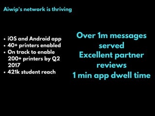 Aiwip's network is thriving
iOS and Android app
40+ printers enabled
On track to enable
200+ printers by Q2
2017
421k student reach
Over 1m messages
served
Excellent partner
reviews
1 min app dwell time
 