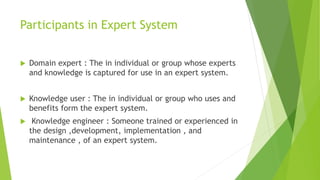 Participants in Expert System
 Domain expert : The in individual or group whose experts
and knowledge is captured for use in an expert system.
 Knowledge user : The in individual or group who uses and
benefits form the expert system.
 Knowledge engineer : Someone trained or experienced in
the design ,development, implementation , and
maintenance , of an expert system.
 