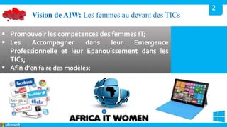 2 
Vision de AIW: Les femmes au devant des TICs 
 Promouvoir les compétences des femmes IT; 
 Les Accompagner dans leur Emergence 
Professionnelle et leur Epanouissement dans les 
TICs; 
 Afin d’en faire des modèles; 
 