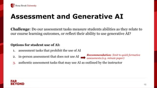 ‘
15
Assessment and Generative AI
Challenge: Do our assessment tasks measure students abilities as they relate to
our course learning outcomes, or reflect their ability to use generative AI?
Options for student use of AI:
1. assessment tasks that prohibit the use of AI
2. in-person assessment that does not use AI
3. authentic assessment tasks that may use AI as outlined by the instructor
Recommendation: limit to quick formative
assessments (e.g. minute paper)
 