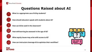 ‘
19
Questions Raised about AI
What is a appropriate use of AI by students?
How should educators speak with students about AI?
How can AI be used in the classroom?
How will learning be assessed in the age of AI?
What equity issues may arise with access to AI?
How can instructors leverage AI to optimize their workflow?
 