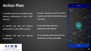 Action Plan
13
5. Identify and seek out leading cyber
industry professionals to join CGDF
network
6. Identify and seek out relevant
policymakers to join CGDF network
7. Identify and seek out relevant
conferences
8. Draft a report to present at AIWS
Summit April 28-29, 2020 at Harvard
University
9. Develop rollout plan for
publications and reports
10. Coordinate action plan with the
celebration of Plymouth 400th
 