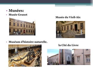 • Musées:
• Musée Granet
• Muséum d’histoire naturelle.
Musée du Vieil-Aix
la Cité du Livre
 