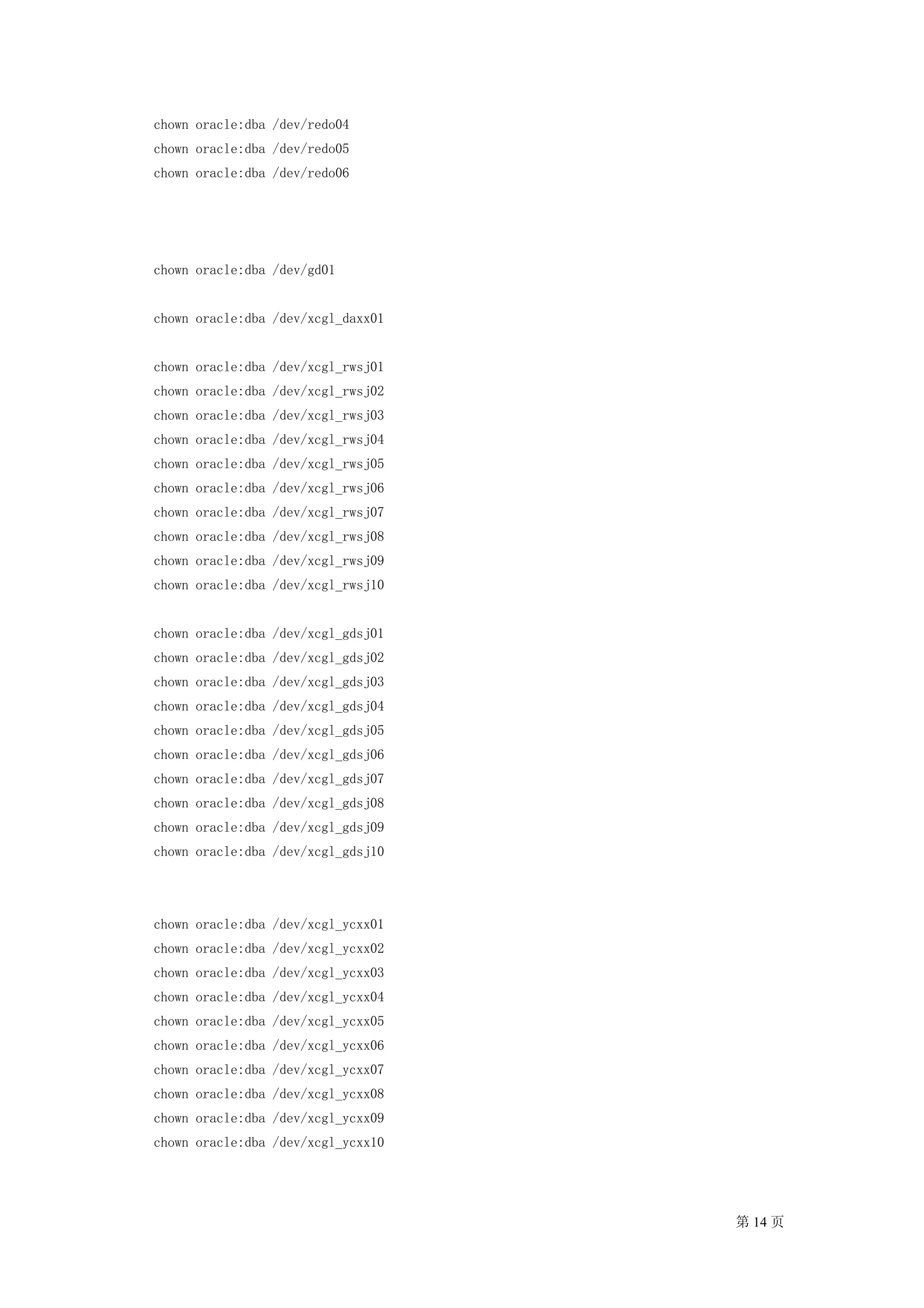 chown oracle:dba /dev/redo04
chown oracle:dba /dev/redo05
chown oracle:dba /dev/redo06




chown oracle:dba /dev/gd01


chown oracle:dba /dev/xcgl_daxx01


chown oracle:dba /dev/xcgl_rwsj01
chown oracle:dba /dev/xcgl_rwsj02
chown oracle:dba /dev/xcgl_rwsj03
chown oracle:dba /dev/xcgl_rwsj04
chown oracle:dba /dev/xcgl_rwsj05
chown oracle:dba /dev/xcgl_rwsj06
chown oracle:dba /dev/xcgl_rwsj07
chown oracle:dba /dev/xcgl_rwsj08
chown oracle:dba /dev/xcgl_rwsj09
chown oracle:dba /dev/xcgl_rwsj10


chown oracle:dba /dev/xcgl_gdsj01
chown oracle:dba /dev/xcgl_gdsj02
chown oracle:dba /dev/xcgl_gdsj03
chown oracle:dba /dev/xcgl_gdsj04
chown oracle:dba /dev/xcgl_gdsj05
chown oracle:dba /dev/xcgl_gdsj06
chown oracle:dba /dev/xcgl_gdsj07
chown oracle:dba /dev/xcgl_gdsj08
chown oracle:dba /dev/xcgl_gdsj09
chown oracle:dba /dev/xcgl_gdsj10




chown oracle:dba /dev/xcgl_ycxx01
chown oracle:dba /dev/xcgl_ycxx02
chown oracle:dba /dev/xcgl_ycxx03
chown oracle:dba /dev/xcgl_ycxx04
chown oracle:dba /dev/xcgl_ycxx05
chown oracle:dba /dev/xcgl_ycxx06
chown oracle:dba /dev/xcgl_ycxx07
chown oracle:dba /dev/xcgl_ycxx08
chown oracle:dba /dev/xcgl_ycxx09
chown oracle:dba /dev/xcgl_ycxx10




                                    第 14 页
 