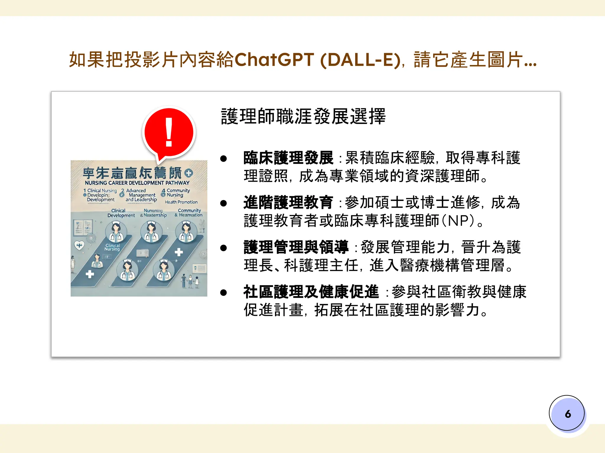 6
護理師職涯發展選擇
● 臨床護理發展 ：累積臨床經驗，取得專科護
理證照，成為專業領域的資深護理師。
● 進階護理教育 ：參加碩士或博士進修，成為
護理教育者或臨床專科護理師（NP）。
● 護理管理與領導 ：發展管理能力，晉升為護
理長、科護理主任，進入醫療機構管理層。
● 社區護理及健康促進 ：參與社區衛教與健康
促進計畫，拓展在社區護理的影響力。
如果把投影片內容給ChatGPT (DALL-E)，請它產生圖片...
!
 
