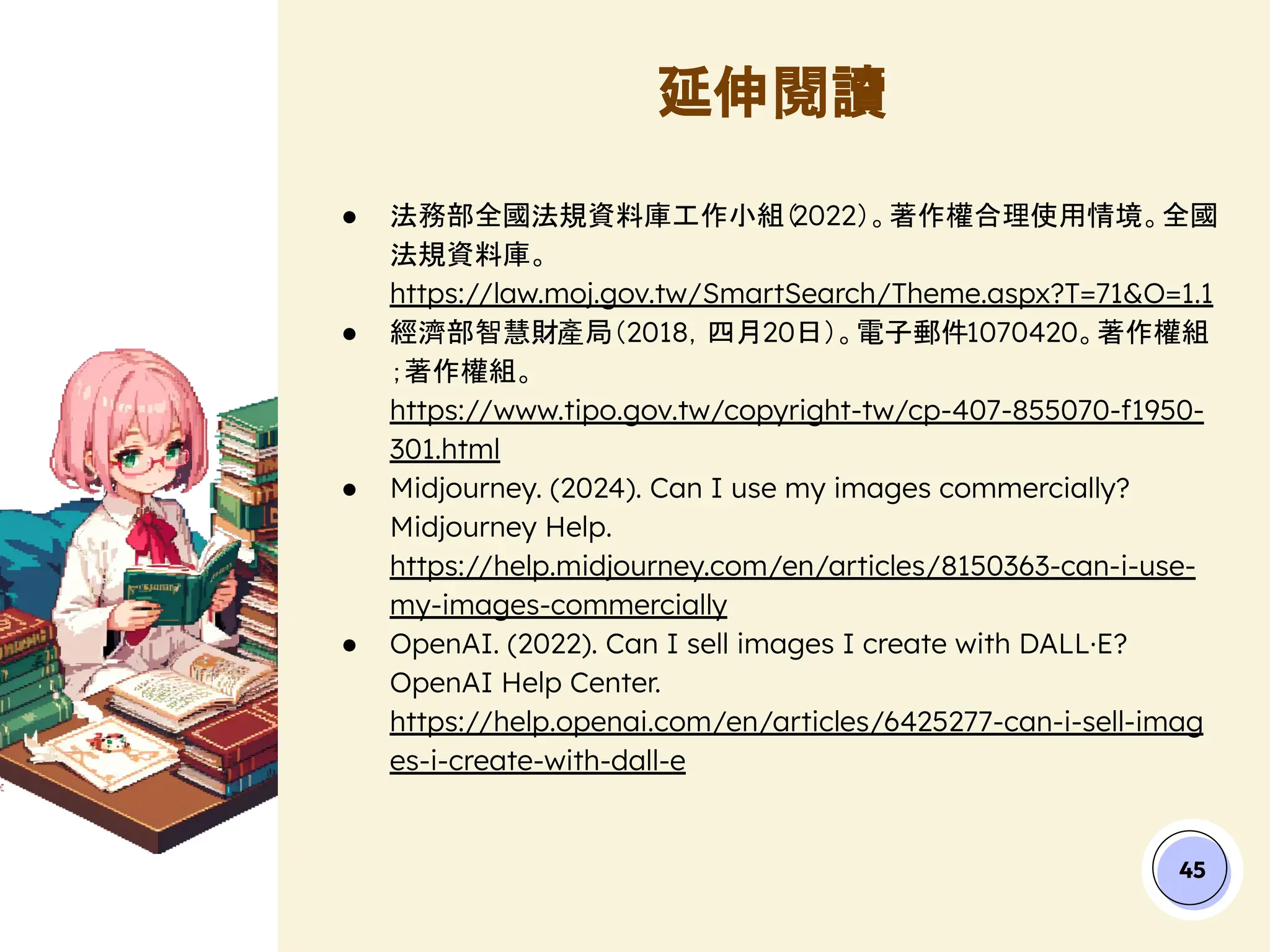 延伸閱讀
45
● 法務部全國法規資料庫工作小組（
2022）。著作權合理使用情境。全國
法規資料庫。
https://law.moj.gov.tw/SmartSearch/Theme.aspx?T=71&O=1.1
● 經濟部智慧財產局（2018，四月20日）。電子郵件1070420。著作權組
；著作權組。
https://www.tipo.gov.tw/copyright-tw/cp-407-855070-f1950-
301.html
● Midjourney. (2024). Can I use my images commercially?
Midjourney Help.
https://help.midjourney.com/en/articles/8150363-can-i-use-
my-images-commercially
● OpenAI. (2022). Can I sell images I create with DALL·E?
OpenAI Help Center.
https://help.openai.com/en/articles/6425277-can-i-sell-imag
es-i-create-with-dall-e
 