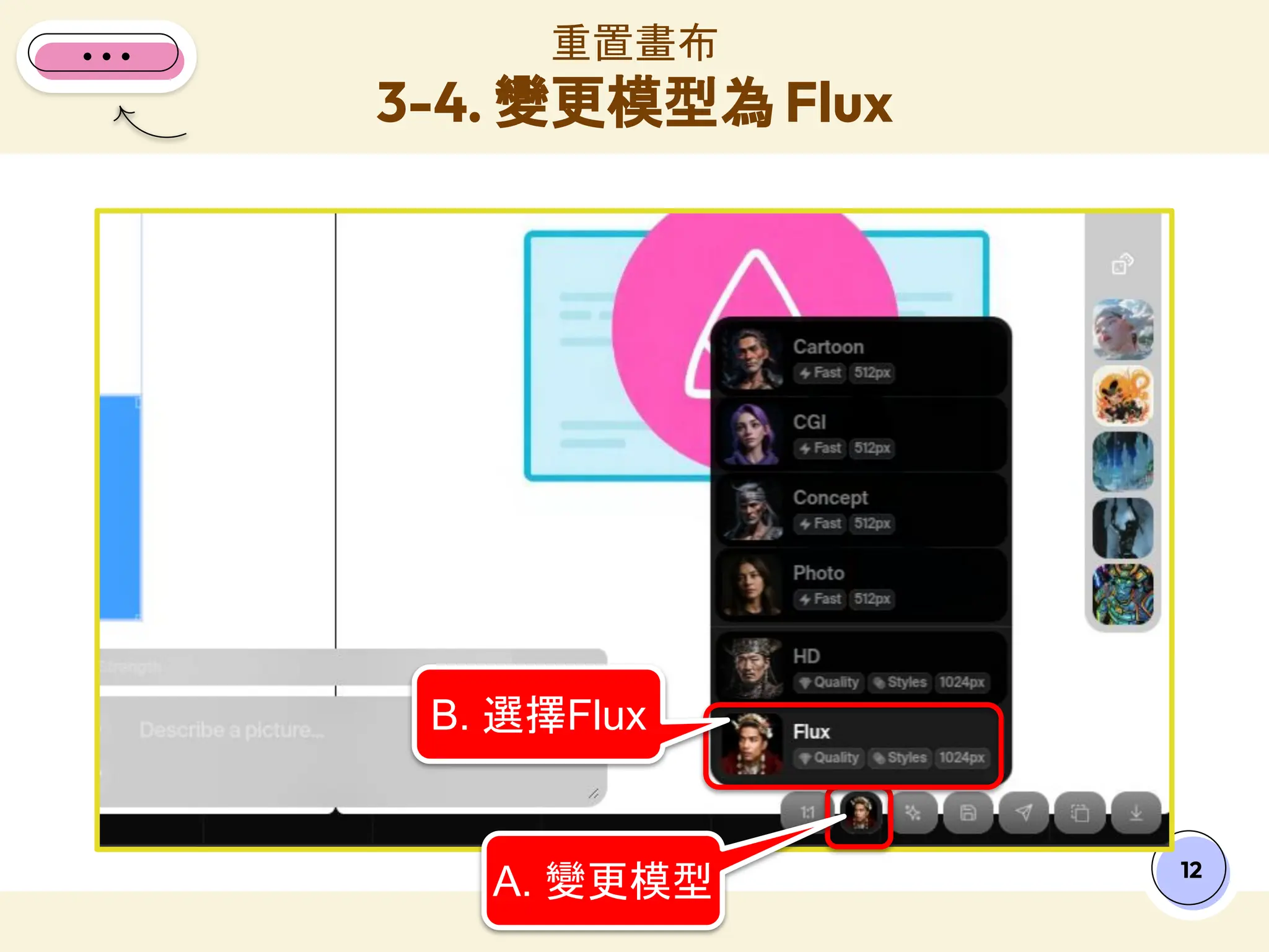 重置畫布
3-4. 變更模型為 Flux
12
B. 選擇Flux
A. 變更模型
 