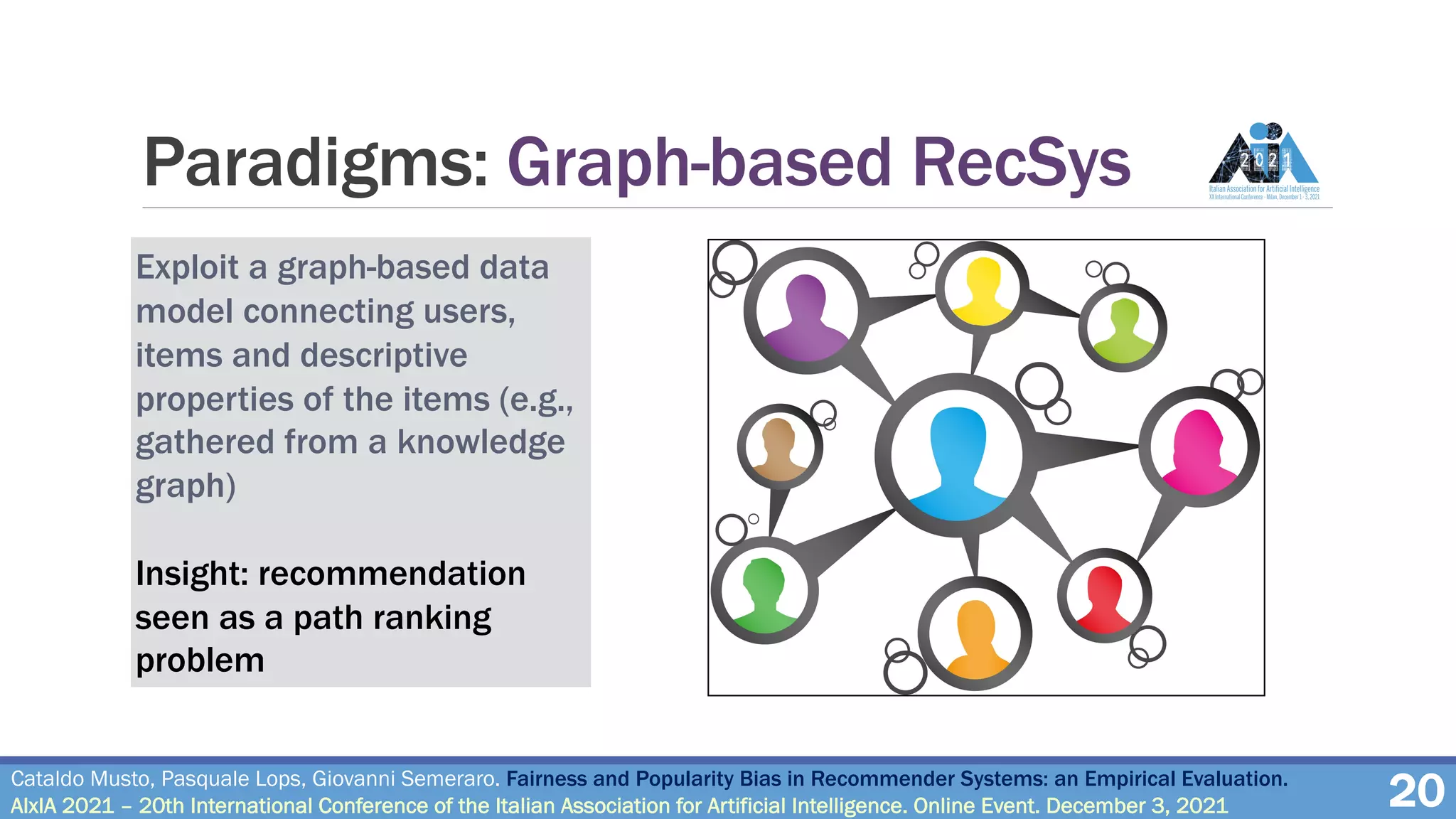 Paradigms: Graph-based RecSys
Exploit a graph-based data
model connecting users,
items and descriptive
properties of the items (e.g.,
gathered from a knowledge
graph)
Insight: recommendation
seen as a path ranking
problem
Cataldo Musto, Pasquale Lops, Giovanni Semeraro. Fairness and Popularity Bias in Recommender Systems: an Empirical Evaluation.
AIxIA 2021 – 20th International Conference of the Italian Association for Artificial Intelligence. Online Event. December 3, 2021 20
 