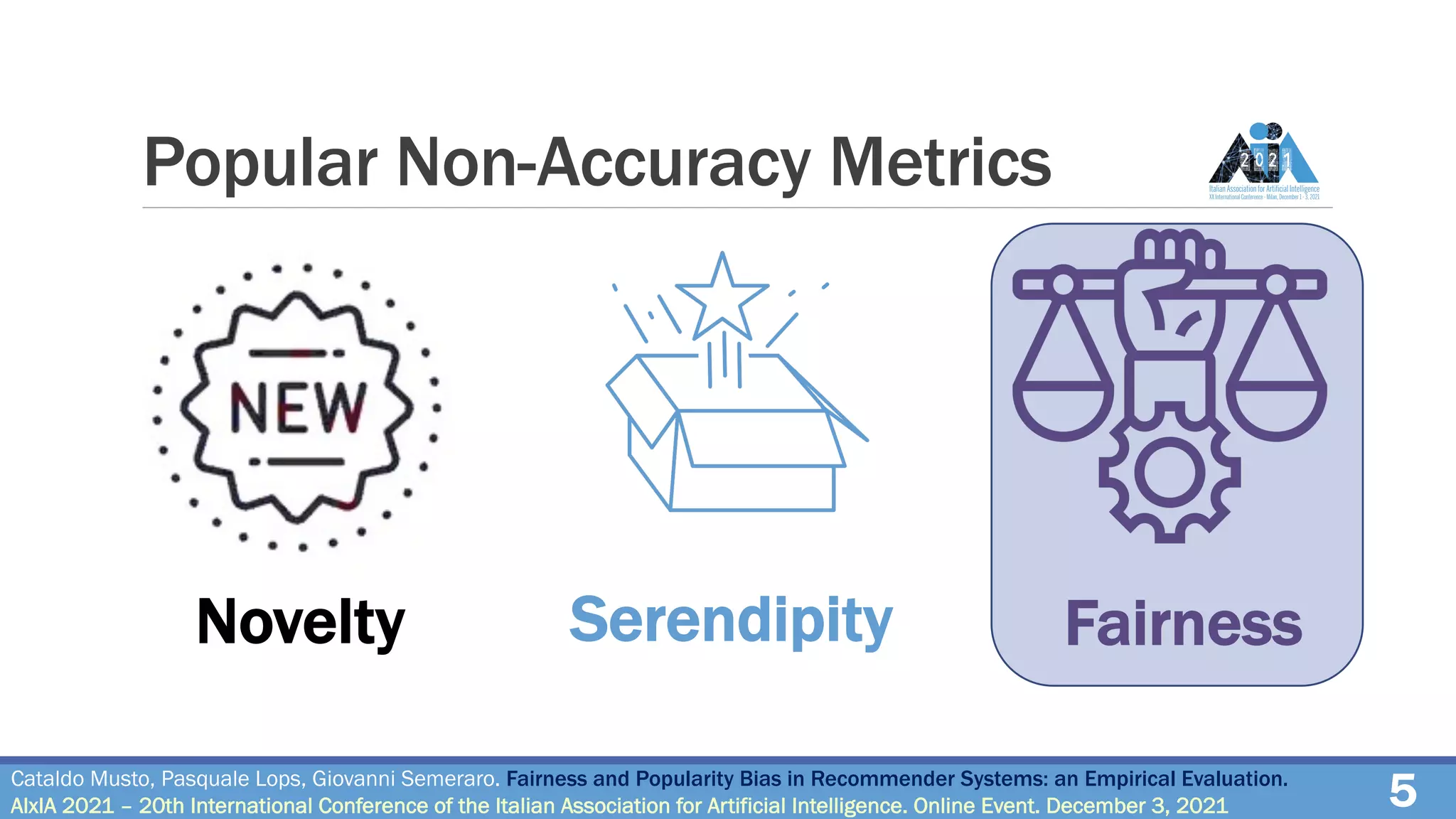 Popular Non-Accuracy Metrics
Cataldo Musto, Pasquale Lops, Giovanni Semeraro. Fairness and Popularity Bias in Recommender Systems: an Empirical Evaluation.
AIxIA 2021 – 20th International Conference of the Italian Association for Artificial Intelligence. Online Event. December 3, 2021
Novelty Serendipity Fairness
5
 