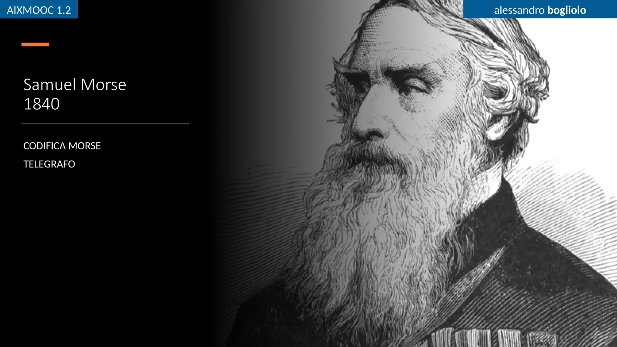 AIXMOOC 1.2 alessandro bogliolo
Samuel Morse
1840
CODIFICA MORSE
TELEGRAFO
AIXMOOC 1.2 alessandro bogliolo
 