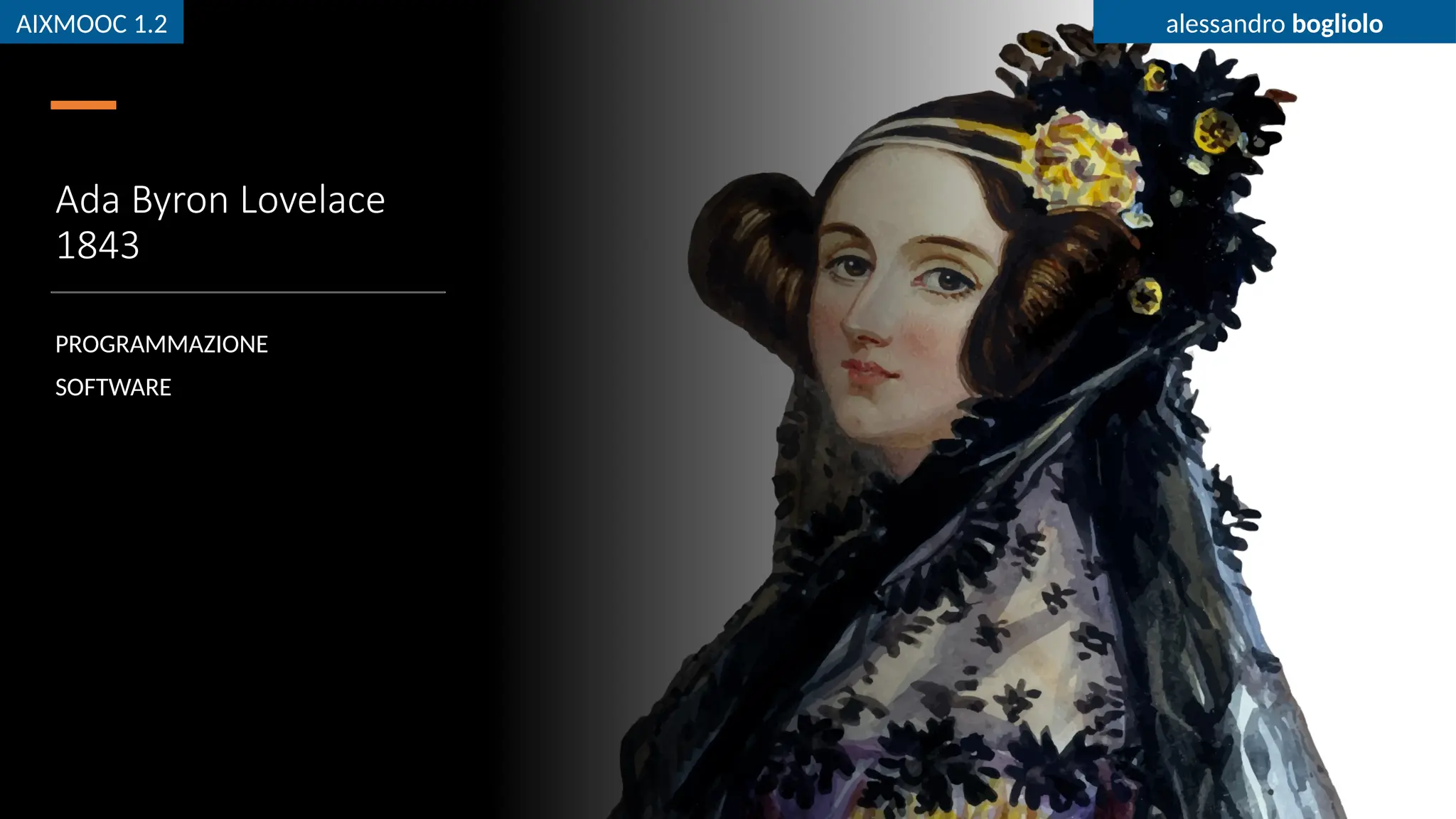 AIXMOOC 1.2 alessandro bogliolo
Ada Byron Lovelace
1843
PROGRAMMAZIONE
SOFTWARE
AIXMOOC 1.2 alessandro bogliolo
 