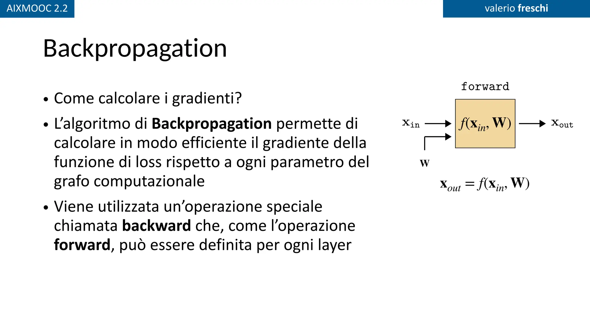 AIXMOOC 2.2 valerio freschi
Backpropagation
• Come calcolare i gradienti?
• L’algoritmo di Backpropagation permette di
calcolare in modo efficiente il gradiente della
funzione di loss rispetto a ogni parametro del
grafo computazionale
• Viene utilizzata un’operazione speciale
chiamata backward che, come l’operazione
forward, può essere definita per ogni layer
xout = f(xin, W)
i
to be an input to a parameter-free transformation:
xout = f(xin, ✓)
Graphically, we will depict the forward operation of a layer like s
f(xin, ✓)
✓
xin xout
forward
The learning problem is to find the parameters ✓ that achieve a
we will solve this problem via gradient descent. The question of t
compute the gradients?
W
f(xin, W)
 
