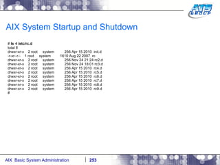AIX System Startup and Shutdown #  ls -l /etc/rc.d total 8 drwxr-xr-x  2 root  system  256 Apr 15 2010  init.d -r-xr--r--  1 root  system  1610 Aug 22 2007  rc drwxr-xr-x  2 root  system  256 Nov 24 21:24 rc2.d drwxr-xr-x  2 root  system  256 Nov 24 18:01 rc3.d drwxr-xr-x  2 root  system  256 Apr 15 2010  rc4.d drwxr-xr-x  2 root  system  256 Apr 15 2010  rc5.d drwxr-xr-x  2 root  system  256 Apr 15 2010  rc6.d drwxr-xr-x  2 root  system  256 Apr 15 2010  rc7.d drwxr-xr-x  2 root  system  256 Apr 15 2010  rc8.d drwxr-xr-x  2 root  system  256 Apr 15 2010  rc9.d # 