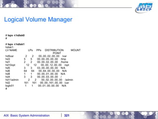 Logical Volume Manager #  lspv -l hdisk0 # #  lspv -l hdisk1 hdisk1: LV NAME  LPs  PPs  DISTRIBUTION  MOUNT  POINT hd9var  2  2  00..00..02..00..00  /var hd3  5  5  00..00..05..00..00  /tmp hd1  2  2  00..00..02..00..00  /home hd10opt  12  12  00..00..12..00..00  /opt hd5  3  3  03..00..00..00..00  N/A hd6  64  64  00..64..00..00..00  N/A hd8  1  1  00..00..01..00..00  N/A hd4  3  3  00..00..03..00..00  / hd11admin  2  2  00..02..00..00..00  /admin hd2  161  161  00..00..161..00..00  /usr loglv01  1  1  00..01..00..00..00  N/A # 