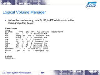 Logical Volume Manager Notice the one to many, total 3, LP, to PP relationship in the command output below. #  lsvg -l rootvg rootvg: LV NAME  TYPE  LPs  PPs  PVs  LV STATE  MOUNT POINT hd5  boot  3  6  2  closed/syncd  N/A hd6  paging  64  128  2  open/syncd  N/A hd8  jfs2log  1  2  2  open/syncd  N/A hd4  jfs2  3  6  2  open/syncd  / hd2  jfs2  161  322  2  open/syncd  /usr hd9var  jfs2  2  4  2  open/syncd  /var hd3  jfs2  5  10  2  open/syncd  /tmp hd1  jfs2  2  4  2  open/syncd  /home hd11admin  2  2  00..02..00..00..00  /admin hd10opt  jfs2  12  24  2  open/syncd  /opt # #  reboot Rebooting . . . 
