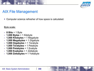 AIX File Management Computer science refresher of how space is calculated. Byte scale: 8 Bits  = 1 Byte 1,000 Bytes  = 1 Kilobyte 1,000 Kilobytes  = 1 Megabyte 1,000 Megabytes  = 1 Gigabyte 1,000 Gigabytes  = 1 Terabyte 1,000 Terabytes  = 1 Petabyte 1,000 Petabytes  = 1 Exabyte 1,000 Exabytes  = 1 Zettabyte 1,000 Zettabytes =  1 Yottabyte  