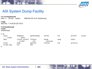 AIX System Dump Facility #  ls -ld /tmp/ibmsupt drwx------  29 root  system  4096 Dec 08 14:47 /tmp/ibmsupt #  date Wed Dec  1 14:50:52 CST 2010 #  cd /tmp/ibmsupt #  pwd /tmp/ibmsupt #  ls async  dumpdata  getRtasHeap  kernel  nfs  printer  sissas  tcpip  wpars  XS25  client_collect  filesys  hacmp  lang  other  scraid  sna  testcase artex  dump  general  install  lvm  pcixscsi  script.log  ssa  wlm # 
