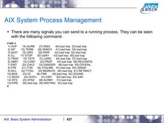 AIX System Process Management There are many signals you can send to a running process. They can be seen with the following command: #  kill -l 1) HUP  14) ALRM  27) MSG  40) bad trap  53) bad trap 2) INT  15) TERM  28) WINCH  41) bad trap  54) bad trap 3) QUIT  16) URG  29) PWR  42) bad trap  55) bad trap 4) ILL  17) STOP  30) USR1  43) bad trap  56) bad trap 5) TRAP  18) TSTP  31) USR2  44) bad trap  57) bad trap 6) ABRT  19) CONT  32) PROF  45) bad trap  58) RECONFIG 7) EMT  20) CHLD  33) DANGER  46) bad trap  59) CPUFAIL 8) FPE  21) TTIN  34) VTALRM  47) bad trap  60) GRANT 9) KILL  22) TTOU  35) MIGRATE  48) bad trap  61) RETRACT 10) BUS  23) IO  36) PRE  49) bad trap  62) SOUND 11) SEGV  24) XCPU  37) VIRT  50) bad trap  63) SAK 12) SYS  25) XFSZ  38) ALRM1  51) bad trap 13) PIPE  26) bad trap  39) WAITING  52) bad trap # 