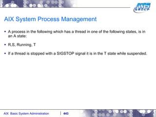 AIX System Process Management A process in the following which has a thread in one of the following states, is in an A state: R,S, Running, T If a thread is stopped with a SIGSTOP signal it is in the T state while suspended. 