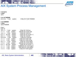 AIX System Process Management #  cd /proc #  pwd /proc #  ls -ld 7405648 dr-xr-xr-x  1 root  system  0 Dec 03 13:03 7405648 #  cd 7405648 #  pwd /proc/7405648 #  ls -l total 16 -rw-------  1 root  system  0 Dec 03 13:03 as -r--------  1 root  system  128 Dec 03 13:03 cred --w-------  1 root  system  0 Dec 03 13:03 ctl lr-x------  22 root  system  0 Dec 03 10:14 cwd -> / dr-x------  1 root  system  0 Dec 03 13:03 fd dr-xr-xr-x  1 root  system  0 Dec 03 13:03 lwp -r--------  1 root  system  0 Dec 03 13:03 map -r--------  1 root  system  0 Dec 03 13:03 mmap dr-x------  1 root  system  0 Dec 03 13:03 object -r--r--r--  1 root  system  448 Dec 03 13:03 psinfo lr-x------  22 root  system  0 Dec 03 10:14 root -> / -r--------  1 root  system  12288 Dec 03 13:03 sigact -r--------  1 root  system  1520 Dec 03 13:03 status -r--r--r--  1 root  system  0 Dec 03 13:03 sysent 