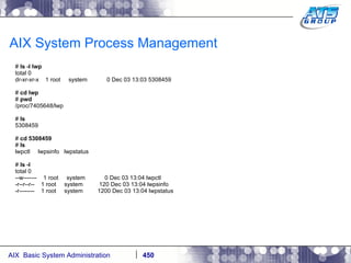 AIX System Process Management #  ls -l lwp total 0 dr-xr-xr-x  1 root  system  0 Dec 03 13:03 5308459 #  cd lwp #  pwd /proc/7405648/lwp #  ls 5308459 #  cd 5308459 #  ls lwpctl  lwpsinfo  lwpstatus #  ls -l total 0 --w-------  1 root  system  0 Dec 03 13:04 lwpctl -r--r--r--  1 root  system  120 Dec 03 13:04 lwpsinfo -r--------  1 root  system  1200 Dec 03 13:04 lwpstatus 