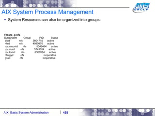 AIX System Process Management System Resources can also be organized into groups: #  lssrc -g nfs Subsystem  Group  PID  Status biod  nfs  3604716  active nfsd  nfs  4980976  active rpc.mountd  nfs  5046464  active rpc.statd  nfs  5243054  active rpc.lockd  nfs  5308584  active nfsrgyd  nfs  inoperative gssd  nfs  inoperative 