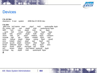Devices #  ls -ld /dev drwxrwxr-x  5 root  system  4096 Dec 01 00:00 /dev #  ls /dev .SRC-unix  hd11admin  mem  ptyp7  rhd3  sysdumpfile  ttypb IPL_rootvg  hd2  null  ptyp8  rhd4  sysdumpnull  ttypc SRC  hd3  nuls  ptyp9  rhd5  tty  ttypd __vg10  hd4  nvram  ptypa  rhd6  ttyp0  ttype audit  hd5  pmem  ptypb  rhd8  ttyp1  ttypf clone  hd6  ptc  ptypc  rhd9var  ttyp2  urandom console  hd8  pts  ptypd  rhdisk0  ttyp3  vio0 echo  hd9var  ptyp0  ptype  rootvg  ttyp4  vscsi0 error  hdisk0  ptyp1  ptypf  sad  ttyp5  vty0 errorctl  ipl_blv  ptyp2  random  sfw0  ttyp6  xti fscsi0  ipldevice  ptyp3  rhd1  slog  ttyp7  zero fscsi1  iscsi0  ptyp4  rhd10opt  spx  ttyp8 hd1  kmem  ptyp5  rhd11admin  sysdump  ttyp9 hd10opt  log  ptyp6  rhd2  sysdumpctl  ttypa # 