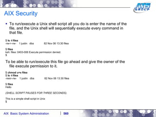 AIX Security To run/execute a Unix shell script all you do is enter the name of the file, and the Unix shell will sequentially execute every command in that file. $  ls -l filea -rw-r--rw-  1 justin  dba  82 Nov 06 13:30 filea $  filea ksh: filea: 0403-006 Execute permission denied. $ To be able to run/execute this file go ahead and give the owner of the file execute permission to it. $  chmod u+x filea $  ls -l filea -rwxr--rw-  1 justin  dba  82 Nov 06 13:30 filea $  filea Hello (SHELL SCRIPT PAUSES FOR THREE SECONDS). This is a simple shell script in Unix $ 