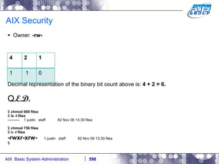AIX Security Owner:  -rw- Decimal representation of the binary bit count above is:  4 + 2 = 6. Q .E.D. $  chmod 000 filea $  ls -l filea ----------  1 justin  staff  82 Nov 06 13:30 filea $  chmod 756 filea $ ls  -l filea -rwxr-xrw-  1 justin  staff  82 Nov 06 13:30 filea $ 4 2 1 1 1 0 