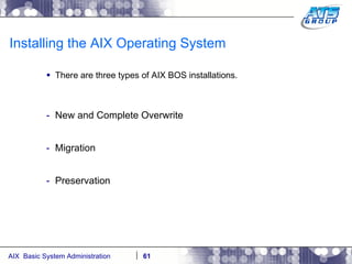 Installing the AIX Operating System There are three types of AIX BOS installations. New and Complete Overwrite Migration Preservation 