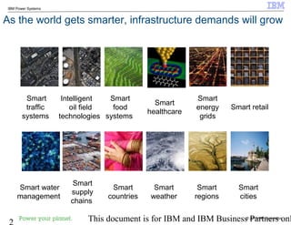 © 2010 IBM Corporation
2 This document is for IBM and IBM Business Partners onl
IBM Power Systems
As the world gets smarter, infrastructure demands will grow
Smart
traffic
systems
Smart water
management
Smart
energy
grids
Smart
healthcare
Smart
food
systems
Intelligent
oil field
technologies
Smart
regions
Smart
weather
Smart
countries
Smart
supply
chains
Smart
cities
Smart retail
 