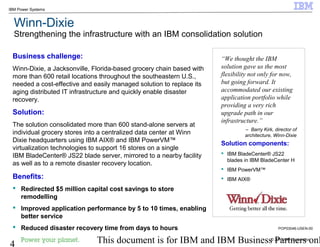 © 2010 IBM Corporation
4 This document is for IBM and IBM Business Partners onl
IBM Power Systems
Winn-Dixie
Strengthening the infrastructure with an IBM consolidation solution
Business challenge:
Winn-Dixie, a Jacksonville, Florida-based grocery chain based with
more than 600 retail locations throughout the southeastern U.S.,
needed a cost-effective and easily managed solution to replace its
aging distributed IT infrastructure and quickly enable disaster
recovery.
Solution:
The solution consolidated more than 600 stand-alone servers at
individual grocery stores into a centralized data center at Winn
Dixie headquarters using IBM AIX® and IBM PowerVM™
virtualization technologies to support 16 stores on a single
IBM BladeCenter® JS22 blade server, mirrored to a nearby facility
as well as to a remote disaster recovery location.
Benefits:
 Redirected $5 million capital cost savings to store
remodelling
 Improved application performance by 5 to 10 times, enabling
better service
 Reduced disaster recovery time from days to hours
“We thought the IBM
solution gave us the most
flexibility not only for now,
but going forward. It
accommodated our existing
application portfolio while
providing a very rich
upgrade path in our
infrastructure.”
– Barry Kirk, director of
architecture, Winn-Dixie
Solution components:
 IBM BladeCenter® JS22
blades in IBM BladeCenter H
 IBM PowerVM™
 IBM AIX®
POP03046-USEN-00
 