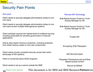 © 2010 IBM Corporation
46 This document is for IBM and IBM Business Partners onl
IBM Power Systems
Security Pain Points
Pain point Planned AIX Technology
Client needs to securely delegate administrative duties to non-
root users
Role Based Access Control or Tivoli
Access Manager for OS
Client needs to securely delegate administrative duties to non-
root users across multiple heterogeneous systems Role Based Access Control or Tivoli
Access Manager for OS
Client workload requires the highest level of multilevel security
including particularly for sensitive government or financial
applications
Trusted AIX
Clients data needs maximum protection, including protection
from stolen backup copies or root user compromise.
Encrypting JFS2 Filesystem
Client needs provide consistent security across their entire
landscape of AIX systems. AIX Security Expert
Client is concerned about SUID programs. Filesystem Permissions tool and Role
Based Access Control
Client needs to set up a server outside the DMZ Secure by Default
Seller
 