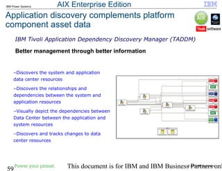 © 2010 IBM Corporation
59 This document is for IBM and IBM Business Partners onl
IBM Power Systems
Application discovery complements platform
component asset data
Better management through better information
–Discovers the system and application
data center resources
–Discovers the relationships and
dependencies between the system and
application resources
–Visually depict the dependencies between
Data Center between the application and
system resources
–Discovers and tracks changes to data
center resources
IBM Tivoli Application Dependency Discovery Manager (TADDM)
AIX Enterprise Edition
 