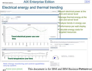 © 2010 IBM Corporation
63 This document is for IBM and IBM Business Partners onl
IBM Power Systems
Electrical energy and thermal trending
Report electrical power at the
rack and server level
Manage thermal energy at the
rack and server level
Analyze trends in energy use
Performance per watt display
Calculate energy costs for
targeted resources
Trend electrical power use overTrend electrical power use over
timetime
Trend temperature over timeTrend temperature over time
Note: Energy monitoring and control capabilities
vary by system.
Energy costEnergy cost
calculatorcalculator
AIX Enterprise Edition
 