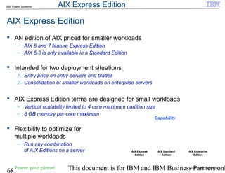 © 2010 IBM Corporation
68 This document is for IBM and IBM Business Partners onl
IBM Power Systems
AIX Standard
Edition
AIX Standard
Edition
AIX Enterprise
Edition
AIX Enterprise
Edition
AIX Express
Edition
AIX Express
Edition
Capability
AIX Express Edition
 AN edition of AIX priced for smaller workloads
– AIX 6 and 7 feature Express Edition
– AIX 5.3 is only available in a Standard Edition
 Intended for two deployment situations
1. Entry price on entry servers and blades
2. Consolidation of smaller workloads on enterprise servers
 AIX Express Edition terms are designed for small workloads
– Vertical scalability limited to 4 core maximum partition size
– 8 GB memory per core maximum
 Flexibility to optimize for
multiple workloads
– Run any combination
of AIX Editions on a server
AIX Express Edition
 