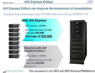 © 2010 IBM Corporation
69 This document is for IBM and IBM Business Partners onl
IBM Power Systems
AIX Express Edition can improve the economics of consolidation
Example: Consolidate eight 4-way POWER6 520s into a 24 way POWER7 770
Old price with AIX
Standard Edition
AIX License + SWMA
List price 24 cores x $1,950
Total (list) $46,800
(U.S. prices shown)
With AIX Express
AIX License + SWMA
List price 24 cores x $1,000
Total (list) $24,000
Savings of $22,800
(U.S. prices shown)
AIX Express Edition
 