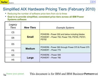 © 2010 IBM Corporation
76 This document is for IBM and IBM Business Partners onl
IBM Power Systems
Simplified AIX Hardware Pricing Tiers (February 2010)
G5
E5
C5
H5
F5
D5
Legacy
Tiers
POWER6 – Power 595
POWER7 – Power 780
POWER6 - Power 560 through Power 570 & Power 575
POWER7 – Power 770
POWER6 - Power 550 and below including blades
POWER7 – Power 750, Power 755, PS700, PS701,
PS702
Example Systems
Large
Medium
Small
New Tiers
 Reducing the number of software price tiers from six to three
 Goal is to provide simplified, consistent price tiers across all IBM Power
Systems software
Seller
 
