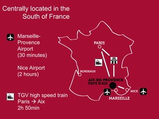Centrally located in the
South of France
Marseille-
Provence
Airport
(30 minutes)
Nice Airport
(2 hours)
TGV high speed train
Paris ? Aix
2h 50min
 