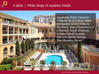 Aix-en-Provence, la Provence par excellence
4 stars | Wide range of superior hotels
Aquabella Hotel, Czanne,
Ch?teau de la Pioline, H?tel
de Gantes, Grand H?tel du
Roi Ren, Mas dEntremont, 3
x Novotel, Royal Mirabeau,
Lodges Sainte Victoire,
Mercure Sainte Victoire,
Best Western Sevan
 